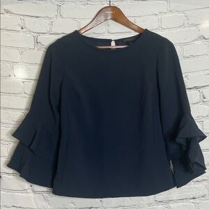 J. Crew Navy Blue Ruffle Long Sleeve Blouse Size 8 Excellent Condition